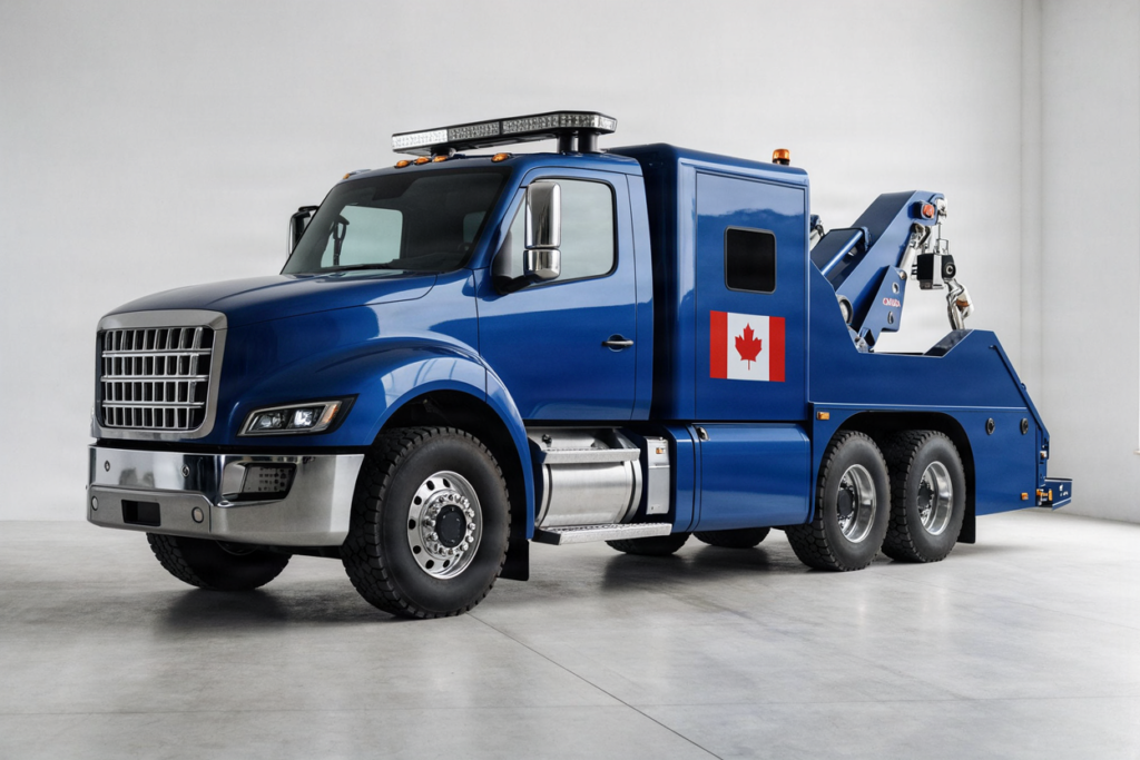 Professional blue tow truck with a Canadian flag on the side, clean studio lighting.